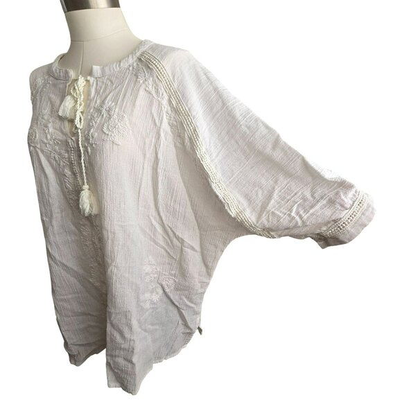 White Embroidered Boho Peasant Top Embroidered With Tassels Size 2X JJ4147 - Picture 6 of 10